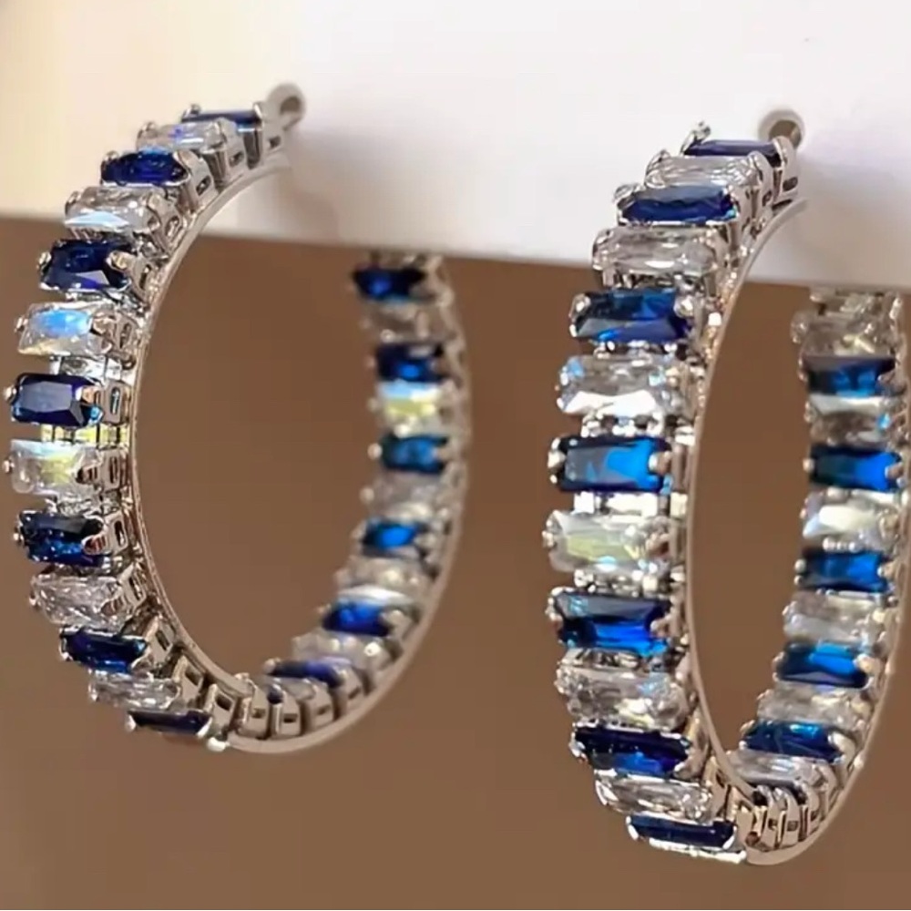 Beautiful Blue & White Cubic Zirconia Hoop Earrings
